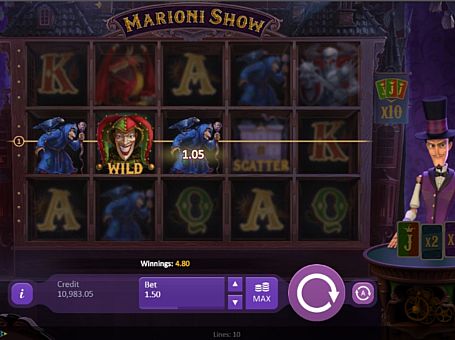 Игровой автомат Marioni Show - призовая комбинация с диким знаком Призовая комбинация с диким знаком в игровом автомате Marioni Show